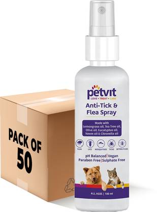 Petvit Anti-Tick & Flea Spray with Lemongrass Oil,Tea Tree Oil, Neem–100ml (Pack of 50) Flea and Tick N/A Dog Shampoo