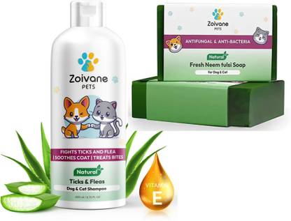 Zoivane Tick and Fleas Dog Cat Shampoo & Soap | Neem Tulsi Essential Oil | Combo Pack Allergy Relief, Anti-microbial, Conditioning, Whitening and Color Enhancing Fresh Neem and Tea Tree Dog Shampoo