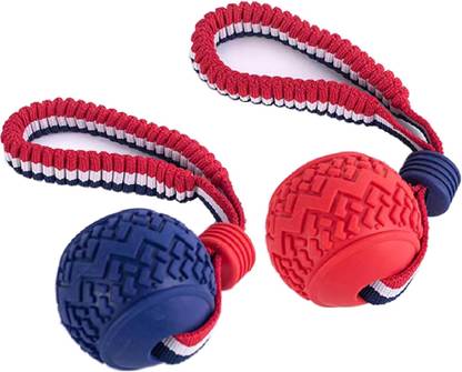 PROBEROS Dog Chew Ball Tug Toy with Nylon Braided Handle Teething Dental Cleaning Toy Nylon Tug Toy For Dog