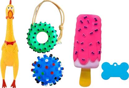Pet Guard Combo of Chicken +ice -cream +ring +ball +bone shaoe tag Rubber Fetch Toy For Dog & Cat
