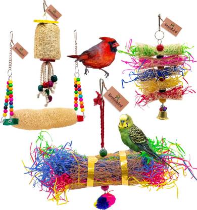 GREENBIRDS Combo Of 4 Bird Toys Swing, Foraging Shredder Toys Cage Hanging Bird & Parrot Wooden Chew Toy, Training Aid, Perch For Bird