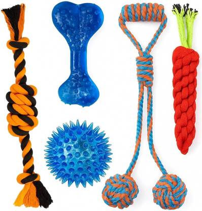 decorvaiz Dog Chew & Rope Toy Set (5 Pic) | Durable for Puppies & Medium Dogs Teething Rubber Bone, Ball, Fetch Toy, Squeaky Toy, Training Aid, Tug Toy, Chew Toy For Dog & Cat