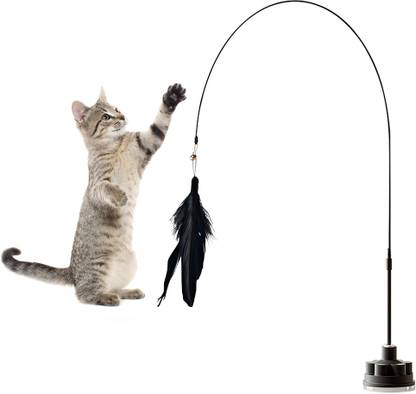 PROBEROS Interactive Cat Toy Flexible Wand with Suction Cup Feather Teaser Black Feather Plastic Stick For Cat