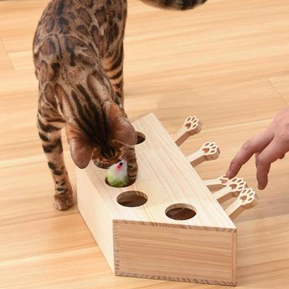 Lyla Wooden Cat Hamster Toy 5 Holes Catch Mouse exercise Interactive Hit Wooden Soft Toy For Dog