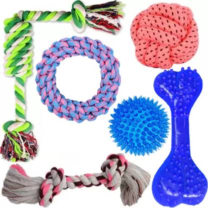 YOUHAVEDEAL Interactive Dog Playing Toys For Small To Medium Breed, 6 In 1 Combo Gift Pack Cotton, Polyester, Rubber Chew Toy, Bone, Training Aid, Tug Toy For Dog
