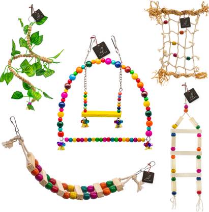 PETZOO Bundle Of 5 Bird Toys Wooden Chewable Toys For Parrots, Budgies & Birds Wooden Chew Toy, Training Aid, Perch For Bird