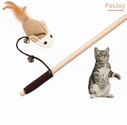 PetJoy Cat Toy Teaser Playing Stick with Feathers, Wood Wand Toy, Mouse Bell, 40*67 CM Wooden Stick For Cat