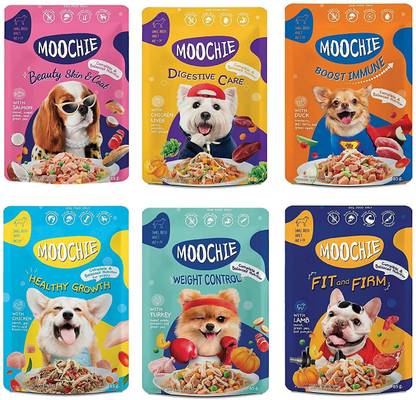 Moochie Dog All Flavour Mix 24 x 85 GMS Dog Food Wet 24-Pouches Salmon, Lamb, Duck, Chicken Dog Treat
