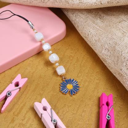 ThreadsandBeads White With Navy Blue Daisy Phone Charm