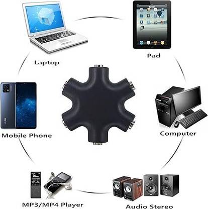 Expresscraft Black Splitter Rock star Headphone Multi Audio 6 Port Jack 3.5 mm Usable-to 5 Device Phone Converter