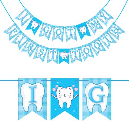 Wobbox I Got My 1st Tooth Check Pattern Bunting Banner, First Tooth Decoration Banner