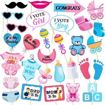 ZYOZI 30 Pcs Baby Photo Booth Props Gender Reveal Party Boy or Girl Shower Birthday Party / DIY Baby Shower Photo Booth Props Funny Creative Birthday Decor For Celebrating Birthday Photo Booth Board