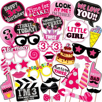 Wobbox Third Birthday Photo Booth Party Props Pink , 3rd Birthday Decorations for Girl Photo Booth Board