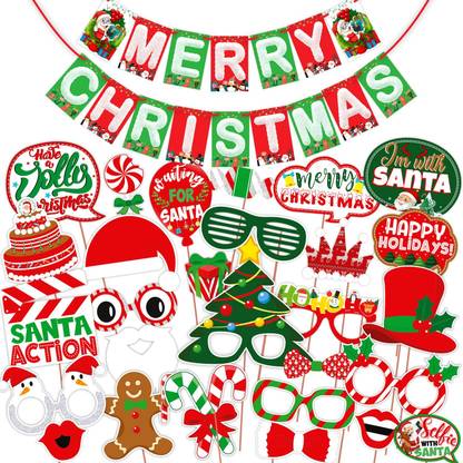 Wobbox Christmas Party Props, Merry Christmas Banner, Christmas decorations items (10) Photo Booth Board