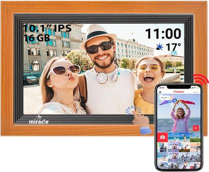 Miracle Digital 10.1" WiFi Wooden Digital Photo Frame, IPS Touch Screen, Share via Frameo App 10.1 inch Cloud Digital Picture Frame, Built-in Android, Expandable upto 32GB by USB/SD Card