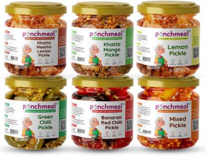 Punchmeal pack of 6 Pickles Green Chilli, Red Chilli, Lemon, Mango, Mango Pickle