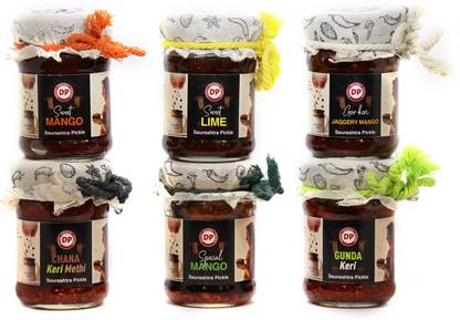 Divyaprabha Foods Saurashtra Special 6 Pack Sweet, Tangy & Chatpata Pickle Combo |100g each Raw Mango(Kairi), Lemon, Gunda, Chick Pea Pickle