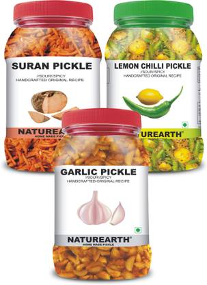 NaturEarth 100% Natural Garlic , Suran & Lemon chilli Pickle(600 g) Primium Quality Achar Mixed Pickle