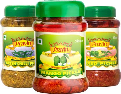 pravin Achar Combo of 3 Jar Green Chilli, Mango, Mixed Pickle