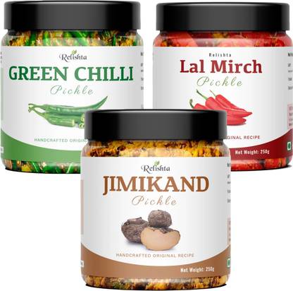 Relishta Jimikand Green Chilli & Lal Mirch Pickle Achar Combo (3x250G) Less Oil Homemade Mixed Vegetable Pickle