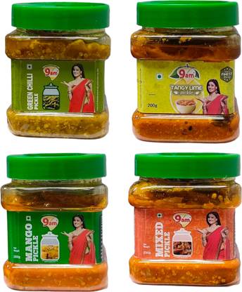 9am Pack of 4 Mango, Mixed, Green Chilli, Lime Pickle