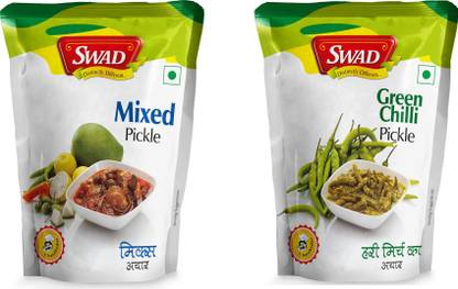 SWAD Combo Pack of Delicious and Spicy Green Chili and Mixed Pickle | 200g Each | Pack of 2 Mango, Garlic, Lemon, Carrot, Tenti, Raw Mango(Kairi) Pickle