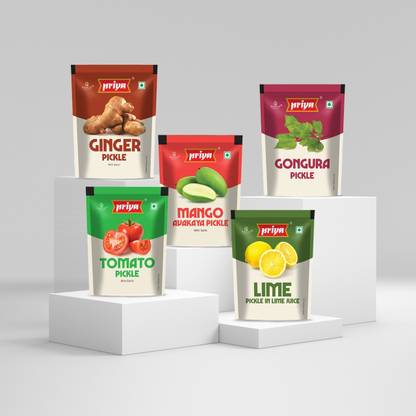 Priya Pickles Combo of 5 Pickle With Garlic 35g Pouch (Each Flavor Pack of 4) Ginger, Gongura, Mango, Tomato, Lime Pickle