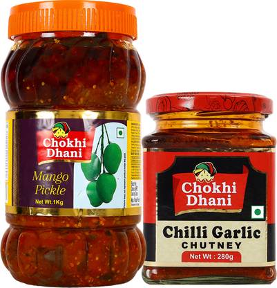 Chokhi Dhani Chilli Garlic Chutney, Mango Combo, Spicy & Tasty Mixed Vegetable Pickle