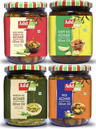 Add me Mango Pickle 500 gm, Mixed Pickles 500 gm, Green Chilli Pickles 500 gm and Aam Nimbu Mirch Achar 500 gm All in Extra Virgin Olive Oil, Total 2 Kg -4 in 1 Pickle Combo Pack Mango, Mixed Vegetable, Green Chilli, Olive, Lemon Pickle