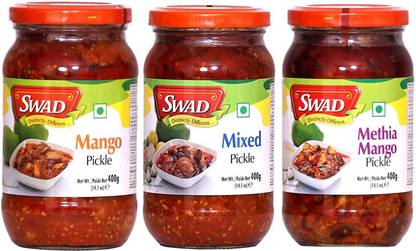 SWAD Combo Pack of Delicious Methia Mango Pickle, Mixed Pickle and Mango Pickle | 400g Each | Pack of 3 Mango, Mixed, Raw Mango(Kairi) Pickle