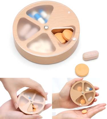 orename Wooden Rotating Pill Organizer – 4 Compartment Portable Round Pill Box with Sliding Lid – Minimalist Daily Vitamin Dispenser for Purse & Travel Use Pill Box