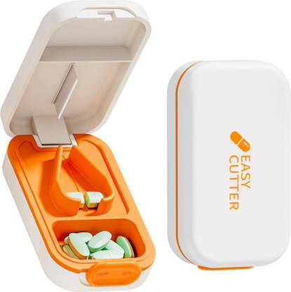 MAYCREATE Pill Box with Cutter 2 in 1 Pill Organizer Storage with Built In Steel Blade Pill Box Cutter 2 in 1 Pill Organizer with Steel Blade Manual Pill Cutter