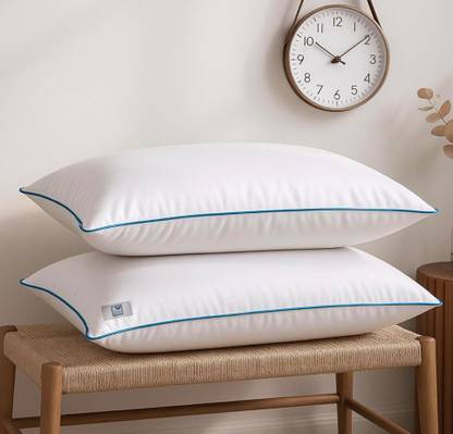 THE WOOD WHITE INDIA Microfibre Sleeping Pillow Pack of 2 Solid Basic White Pillow Set of 2 in 41 x 61 cm with Blue Border