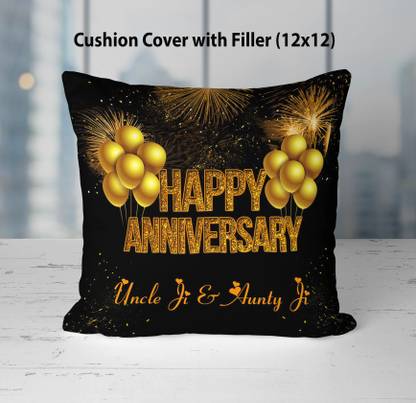 NH10 DESIGNS Microfibre Cushion Pack of 1 Solid Happy Anniversary Uncle Ji Aunty Ji Printed Cushion 12x12 Inch - HABBG12inCKV 24