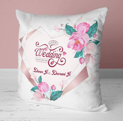NH10 DESIGNS Happy Anniversary Devar Ji Devrani Ji Printed Cushion 12x12inch- HWAPF12inCKV 08 Microfibre Floral Cushion Pack of 1