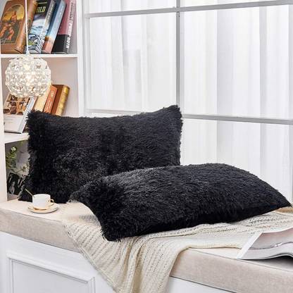 PICKKART Fluffy Rectangle Shape Bed Pillow, Set of 2 - Black Fur Cushion Microfibre Solid Cushion Pack of 2