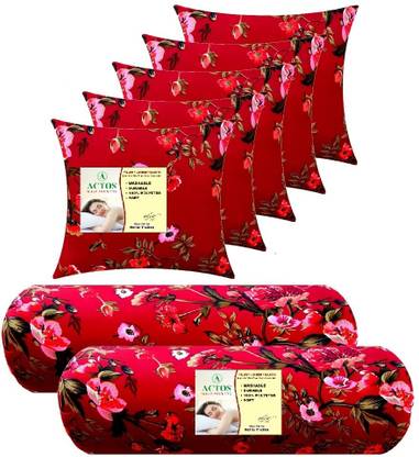 ACTOS Microfibre Bolster Pack of 7 Floral Combo Set Of 5 Cushion And 2