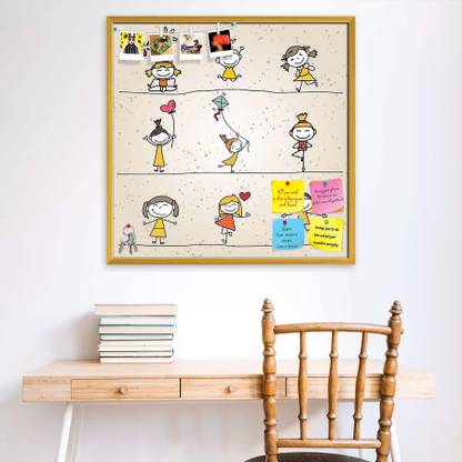 Artzfolio Happy Kids Cartoon Printed Bulletin Board Notice Pin Board Soft Board | Golden Frame 12inch x 12inch (30.5cms x 30.5cms) Bulletin Board Bulletin Board