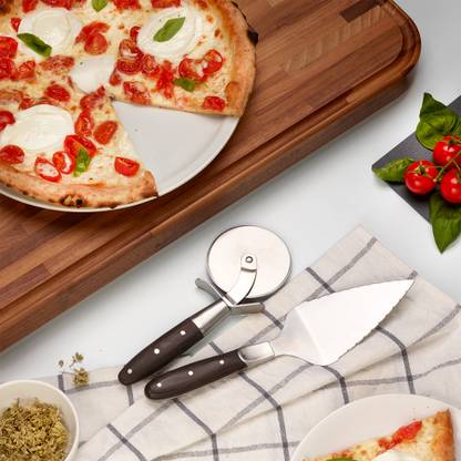 BakeRi 3 Item Combo Fancy Pizza Cutter and Knife Stainless Steel Rolling Pizza Cutter