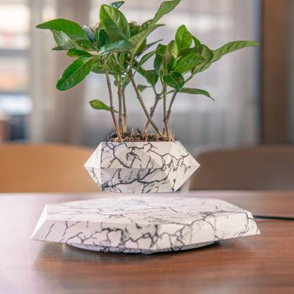 Bluehaven International White Marble Texture Premium Magnetic Levitating Floating Plant Pot Plant Container Set