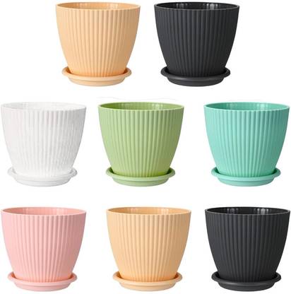Muddstyles Round 7 Inch Multicolor Flower Pot with Tray Pack of 8 Plant Container Set