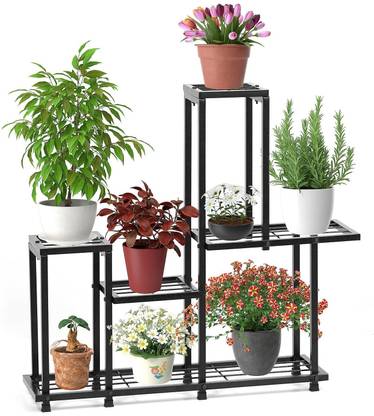 Livzing 5 Tier Metal Planter Stand Indoor Outdoor-Multipurpose Gamla Stand Black Plant Container Set