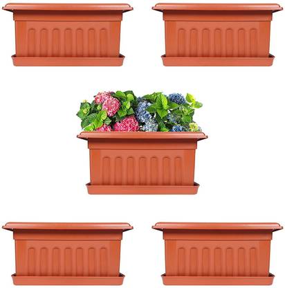 Livzing 14 Inch Plastic Rectangle Window Flower Pot with Drain Tray Set- Terracotta Plant Container Set