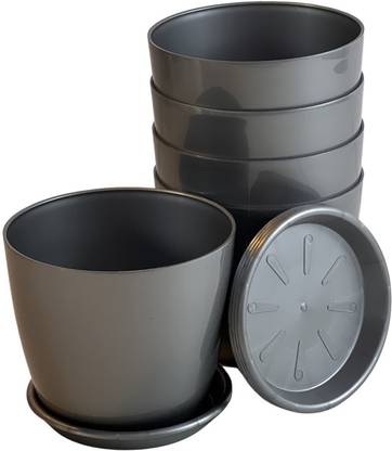 e Bageecha Colored Glossy Planters with Trays (Silver) Plant Container Set
