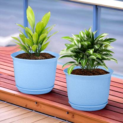 KUBER INDUSTRIES Marble Sawera Flower Pot for Home & Garden with Tray|10 Inch|Pack of 2|Blue Plant Container Set