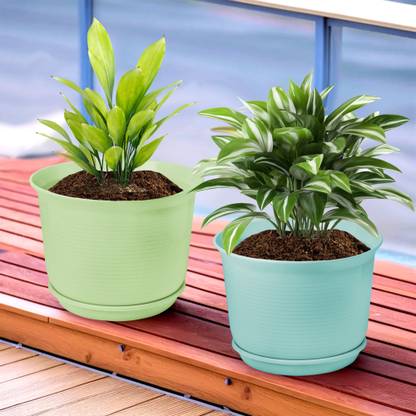KUBER INDUSTRIES Plain Sawera Tray Flower Pot for Home|10 Inch|Pack of 2|Sky Blue & Light Green Plant Container Set