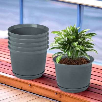KUBER INDUSTRIES Plain Sawera Flower Pot for Home with Tray|10 Inch|Pack of 6|Gray Plant Container Set