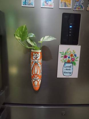 CRaFTghar Handcrafted Metal Magnetic Planter for Fridge, Fancy Magnet Vase / Pot Orange Plant Container Set