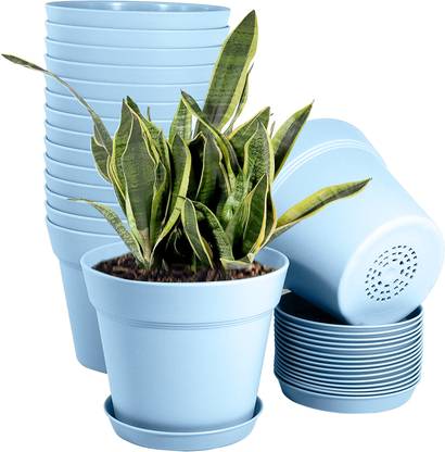 JIGSHTIAL 8 inch Flower Pots Outdoor Indoor,with Drainage Hole&Tray Saucer Plastic Pots Plant Container Set