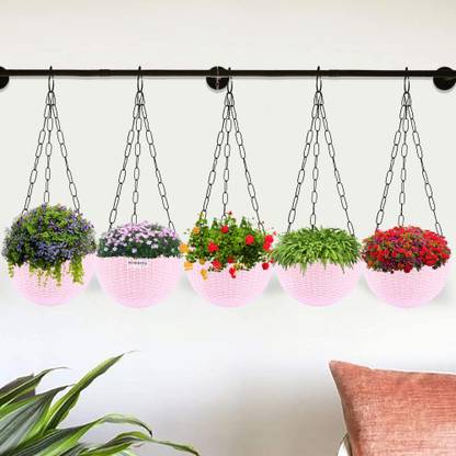 HOMESTIC by Kuber Industries Marble Euro Hanging Flower Pot for Home & Garden|7 Inch|Pack of 5|Pink Plant Container Set